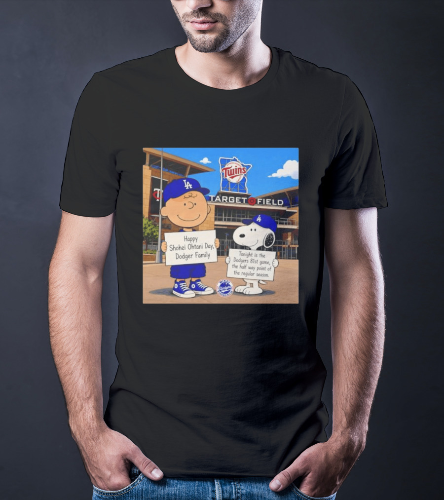 Snoopy And Charlie Brown Happy Shohei Ohtani Day Dodgers Twins Target Field T-Shirt