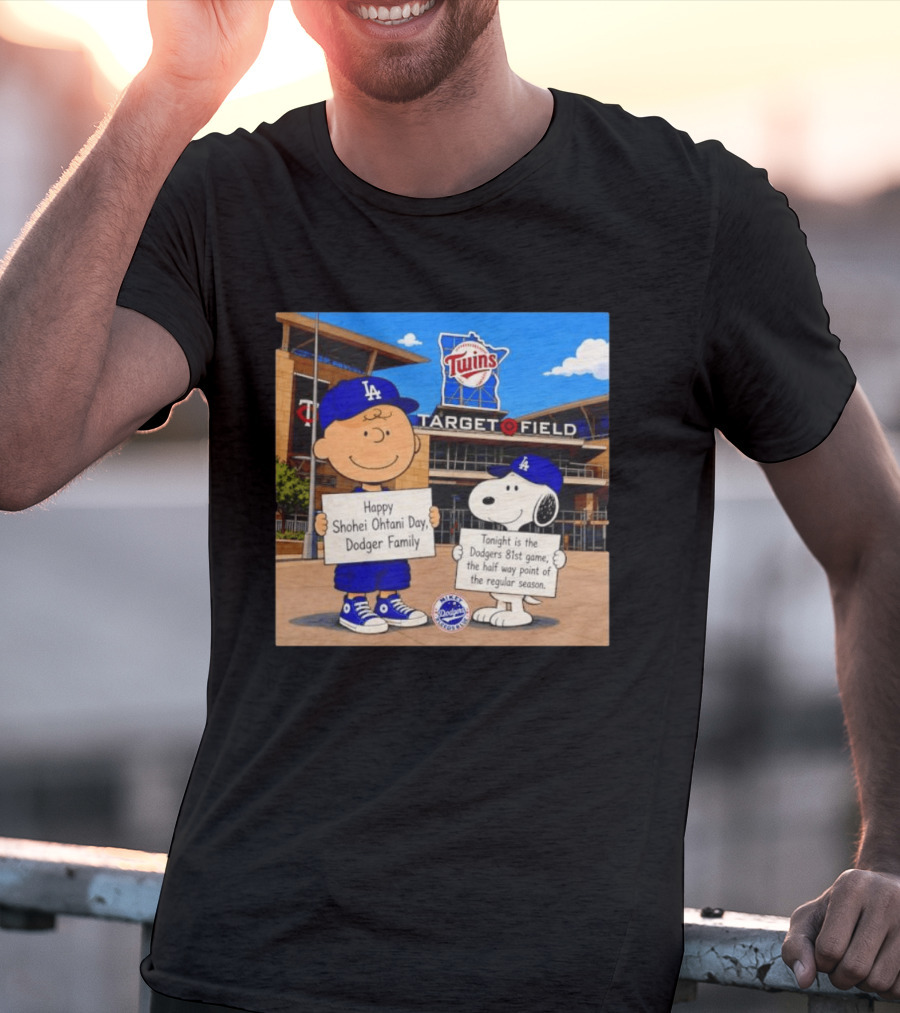 Snoopy And Charlie Brown Happy Shohei Ohtani Day Dodgers Twins Target Field T-Shirt