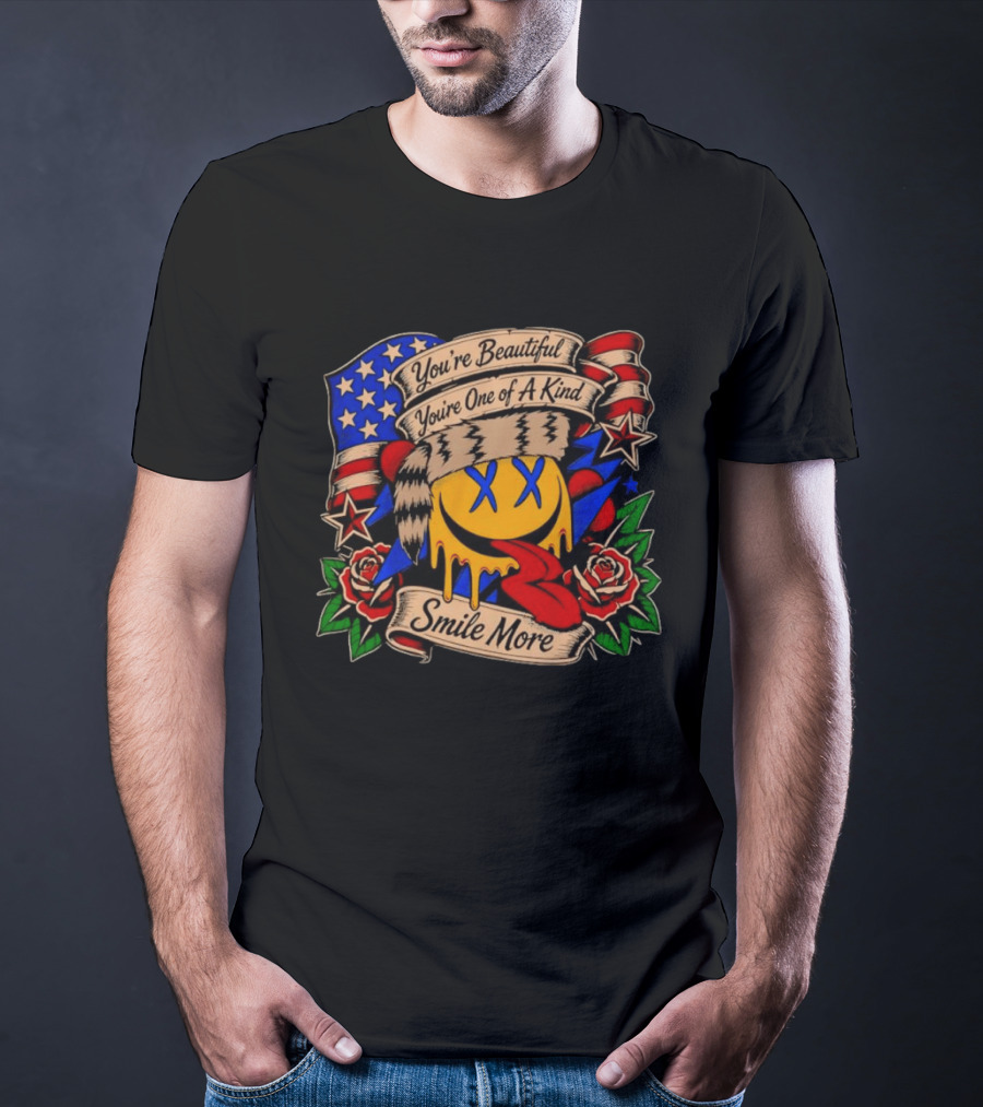 Smile More You're Beautiful You're One Of A Kind American Flag Roses Smiley Face T-Shirt