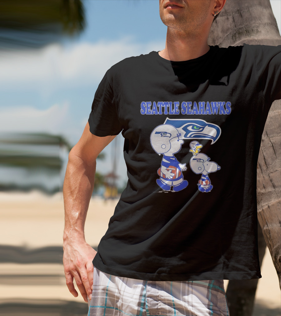 Peanuts Charlie Brown Snoopy Woodstock Playing Football Seattle Seahawks T-Shirt