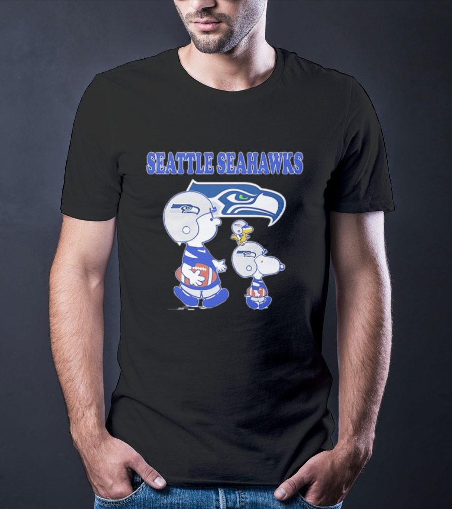 Peanuts Charlie Brown Snoopy Woodstock Playing Football Seattle Seahawks T-Shirt