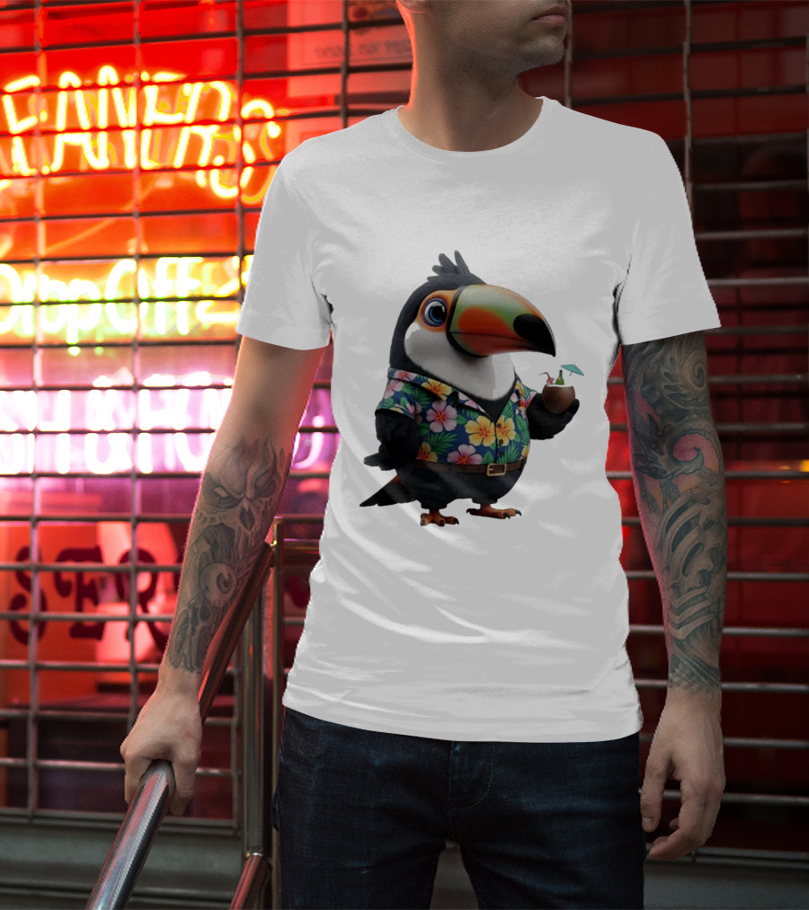 Cartoon Toucan In Hawaiian With Tropical Coconut Drink T-Shirt