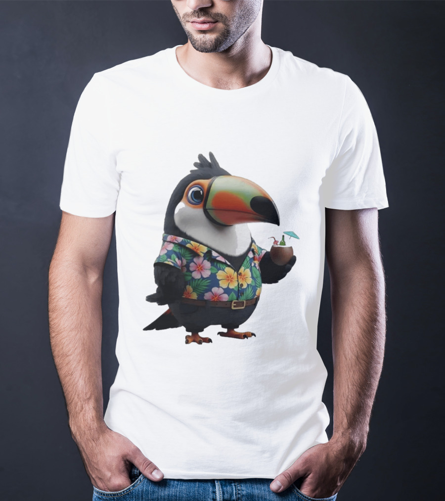 Cartoon Toucan In Hawaiian With Tropical Coconut Drink T-Shirt