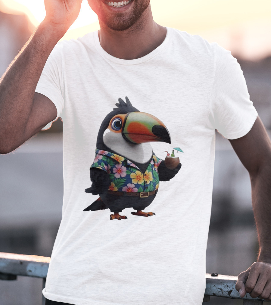Cartoon Toucan In Hawaiian With Tropical Coconut Drink T-Shirt