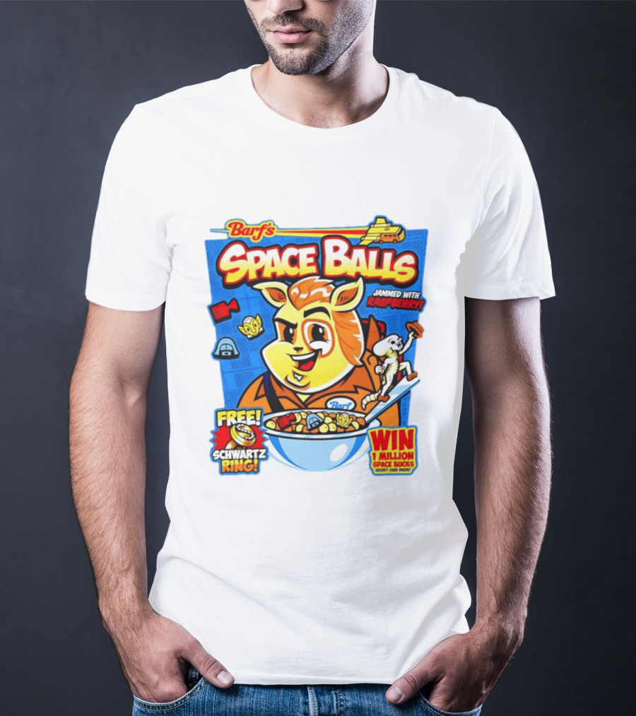 Barf Space Balls Cereal Box Jammed With Raspberry Free Schwartz Ring Win 1 Million Space Bucks T-Shirt