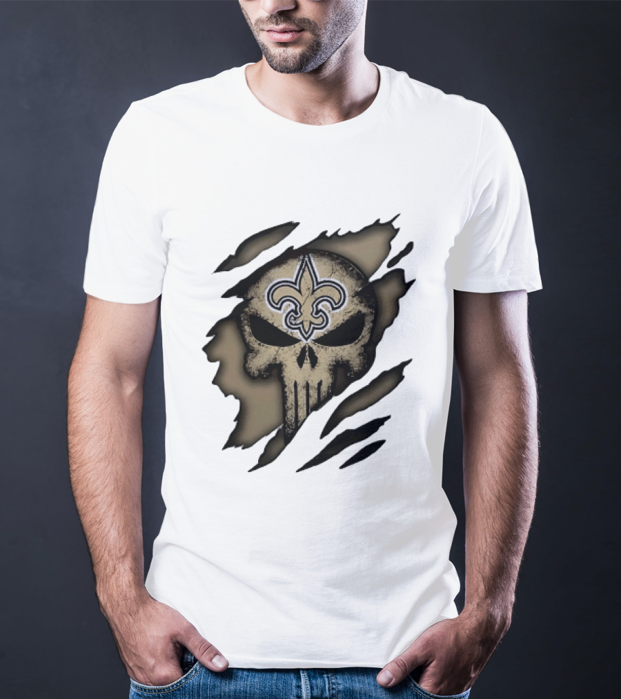 New Orleans Saints Punisher Skull Ripped Effect Fleur De Lis T-Shirt