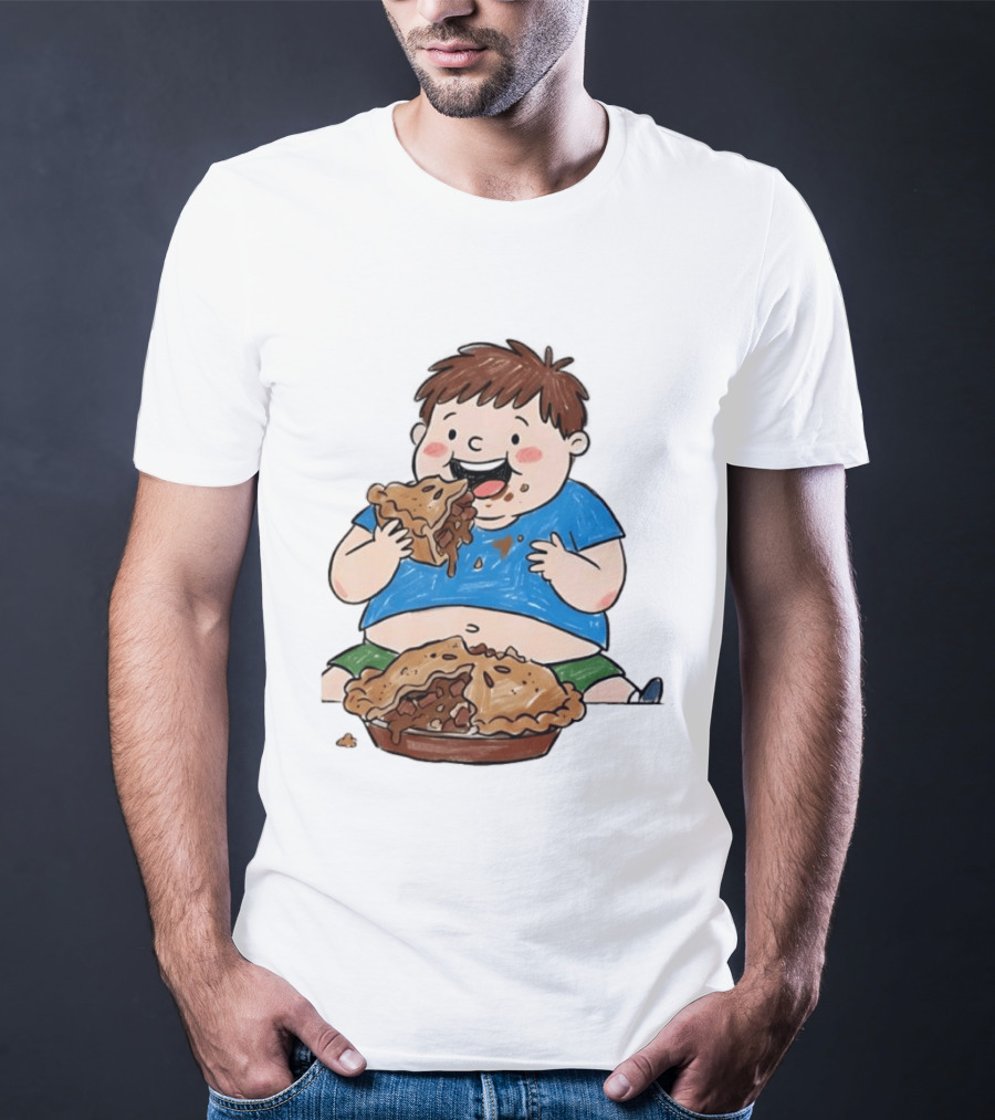 Funny Eating Pies Cartoon Boy Indulging In Delicious Pastry T-Shirt