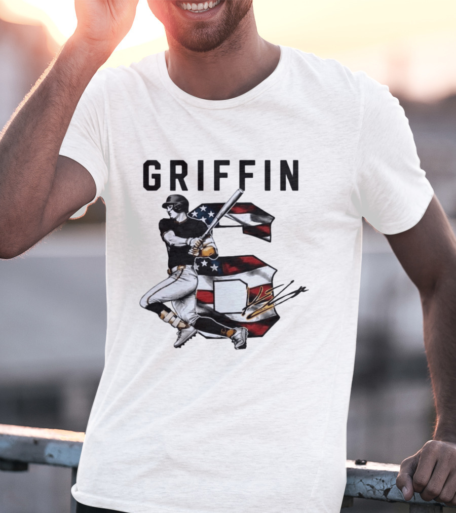 Griffin Baseball Player Swinging Bat American Flag Number 6 T-Shirt