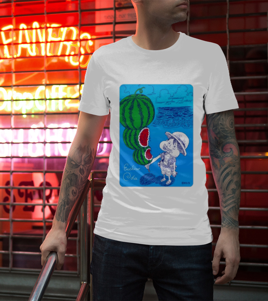 Monkey D Luffy Watermelon Eating Art By Eiichiro Oda One Piece Ocean Scene T-Shirt