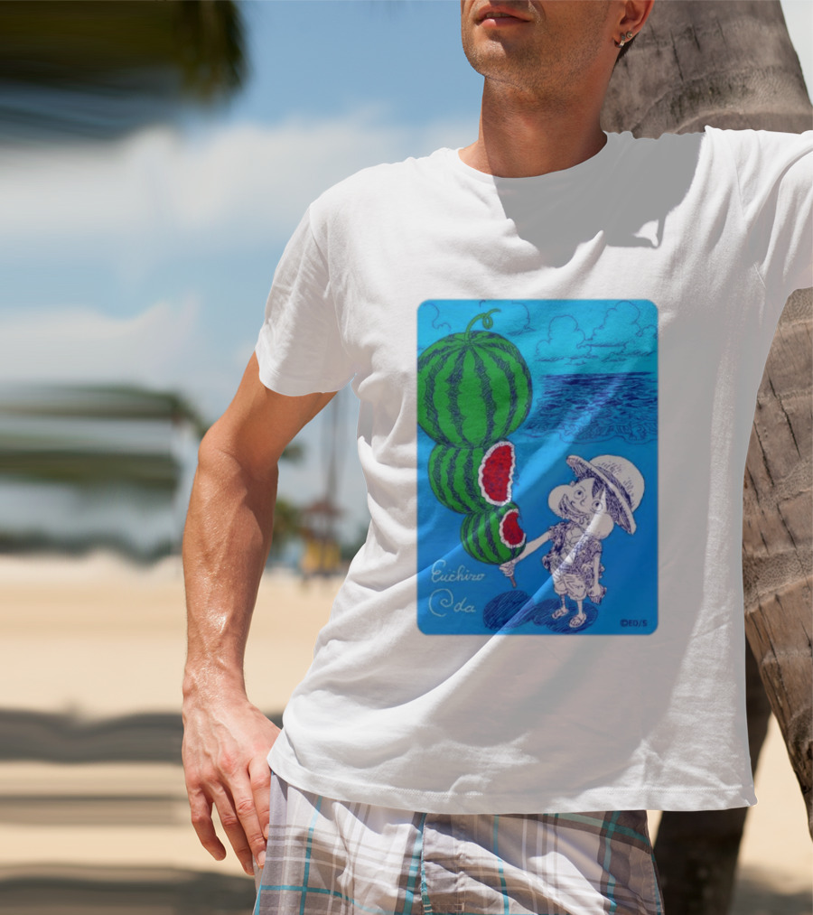 Monkey D Luffy Watermelon Eating Art By Eiichiro Oda One Piece Ocean Scene T-Shirt