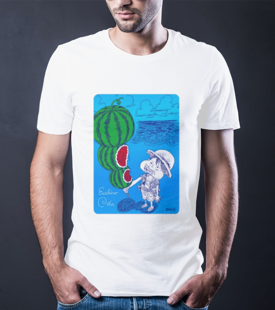 Monkey D Luffy Watermelon Eating Art By Eiichiro Oda One Piece Ocean Scene T-Shirt
