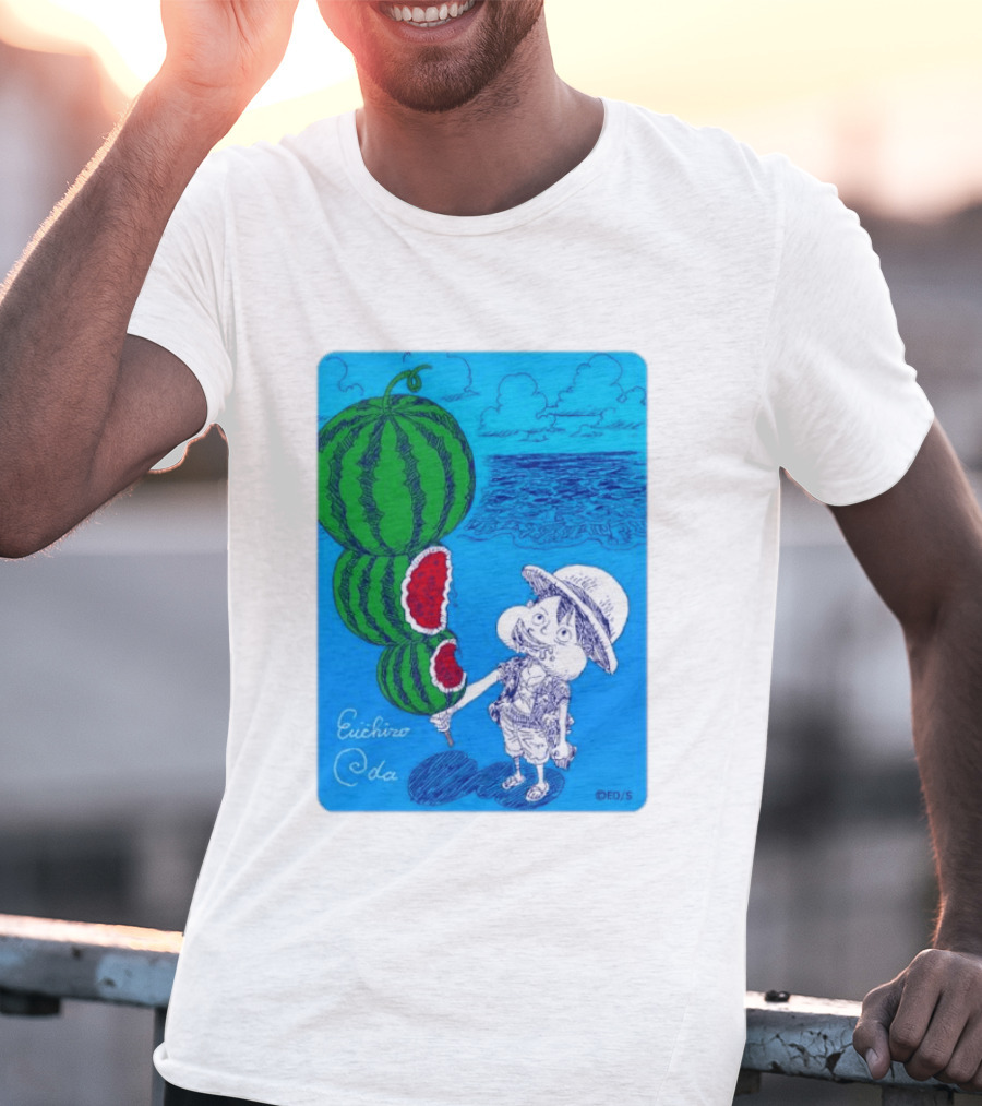 Monkey D Luffy Watermelon Eating Art By Eiichiro Oda One Piece Ocean Scene T-Shirt