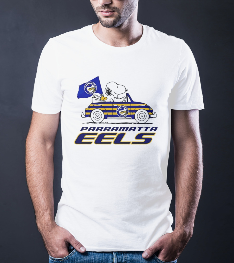 Snoopy Driving Car With Parramatta Eels Flag National Rugby League T-Shirt