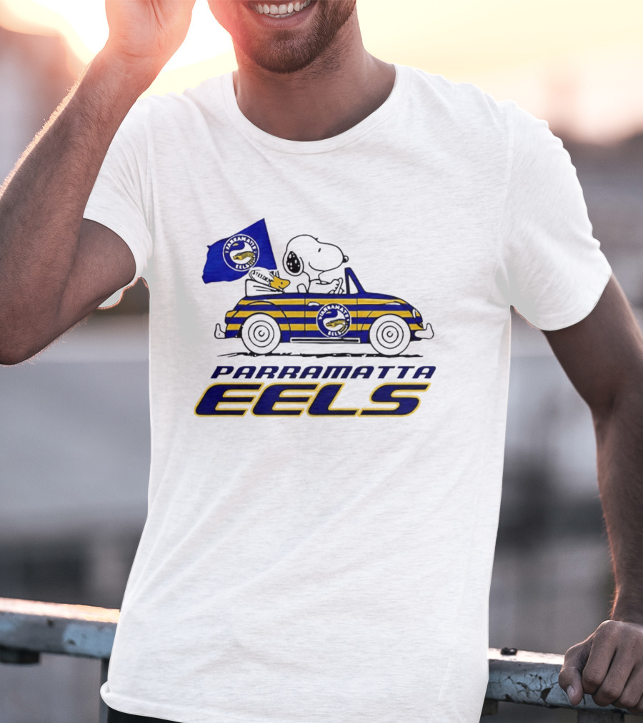 Snoopy Driving Car With Parramatta Eels Flag National Rugby League T-Shirt