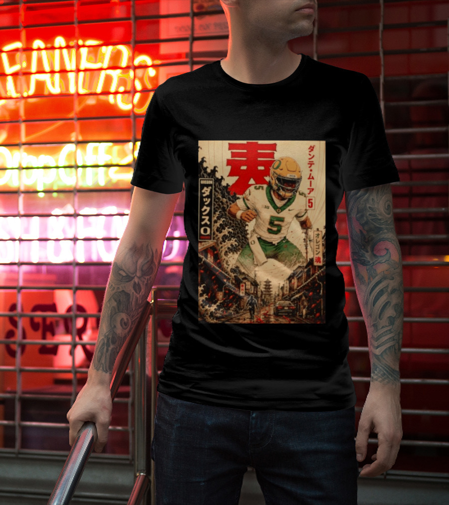 Dante Moore Number 5 Oregon Ducks Football Japanese Art Style Rugged City Scene T-Shirt