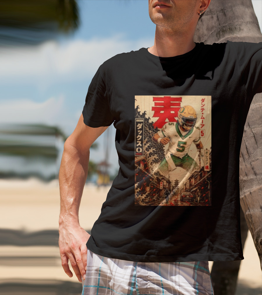 Dante Moore Number 5 Oregon Ducks Football Japanese Art Style Rugged City Scene T-Shirt