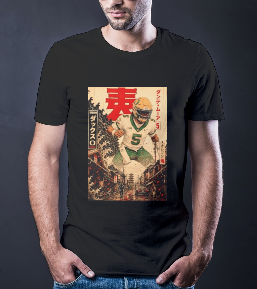 Dante Moore Number 5 Oregon Ducks Football Japanese Art Style Rugged City Scene T-Shirt