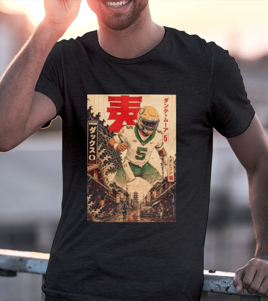 Dante Moore Number 5 Oregon Ducks Football Japanese Art Style Rugged City Scene T-Shirt