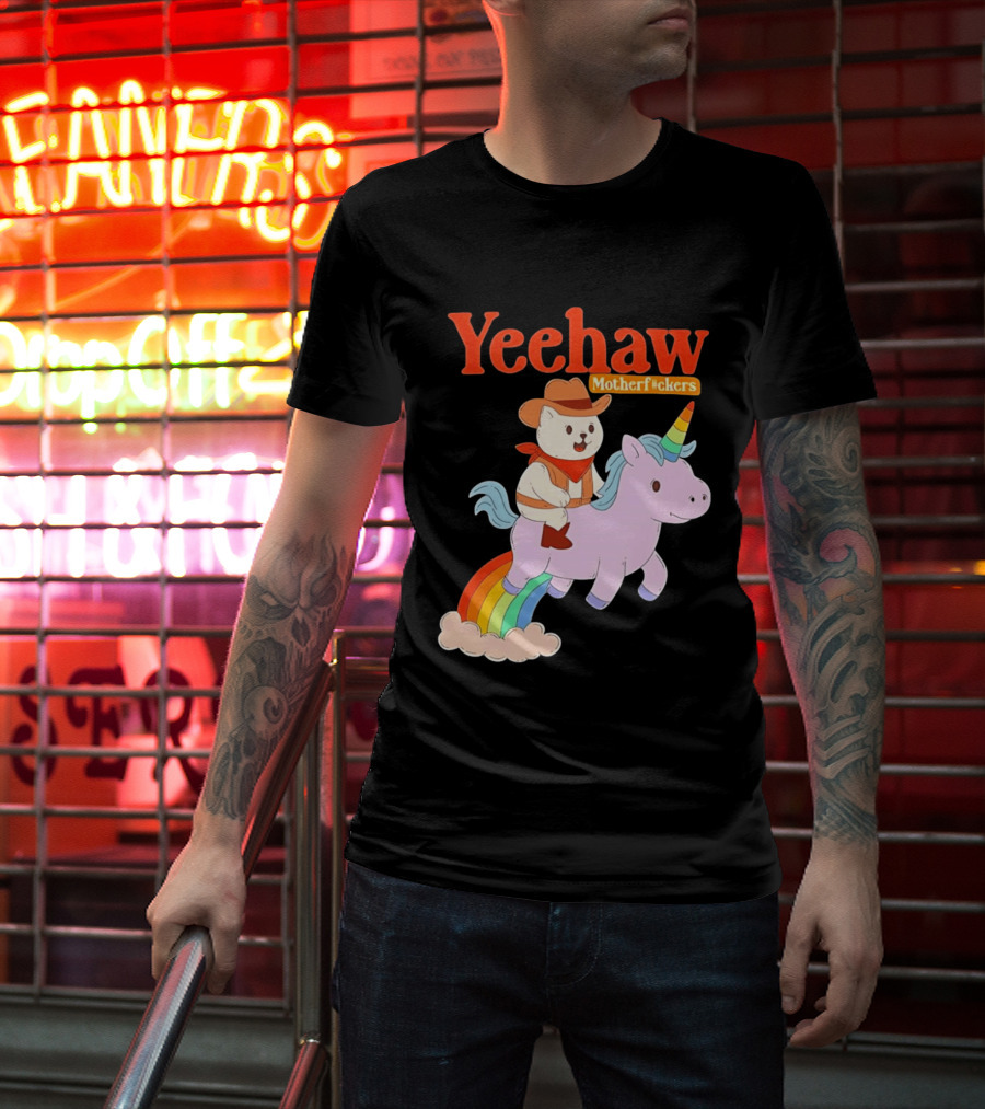 Yeehaw Motherfuckers Cat Cowboy On Rainbow Unicorn T-Shirt