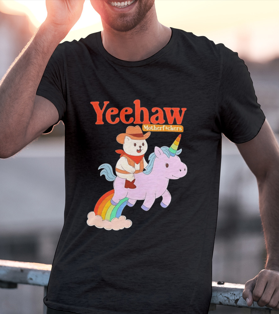 Yeehaw Motherfuckers Cat Cowboy On Rainbow Unicorn T-Shirt