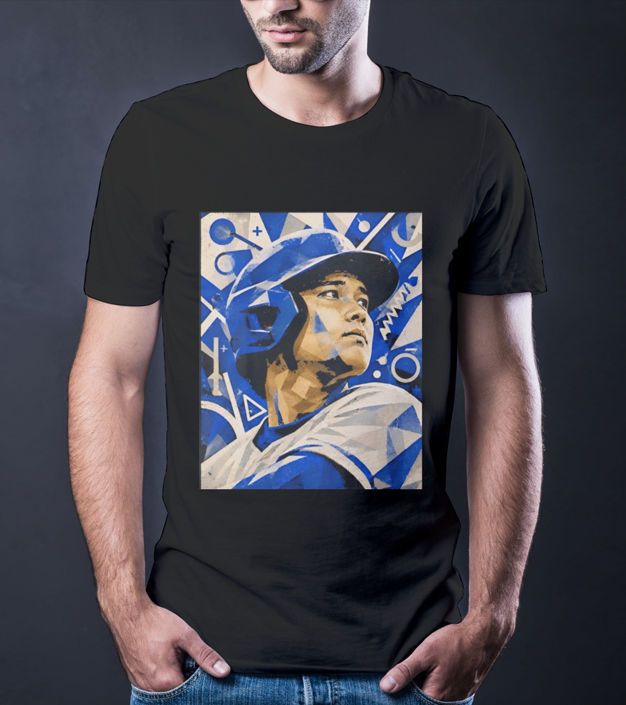 Baseball Player In Geometric Blue Abstract T-Shirt