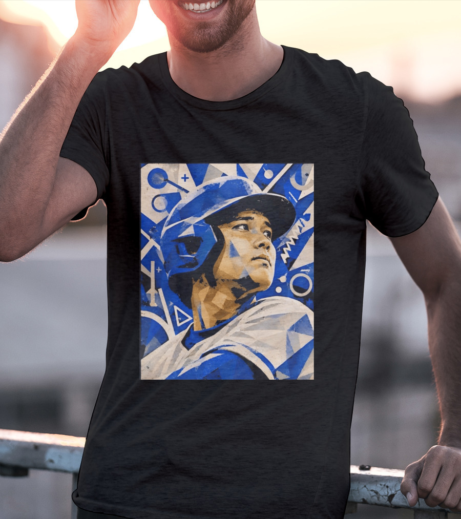 Baseball Player In Geometric Blue Abstract T-Shirt