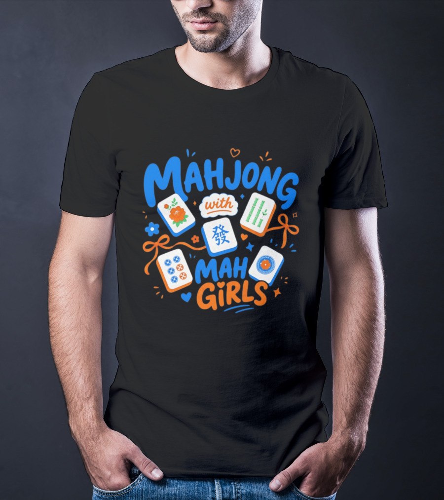 Mahjong With Mah Girls Flower And Bamboo Tiles Game Night T-Shirt
