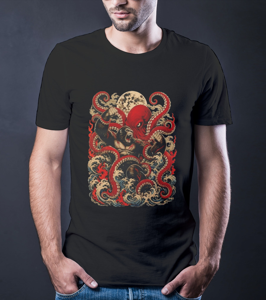 Tokyo Kaiju Octopus Vs Gorilla Battle Waves And Moon Scene T-Shirt