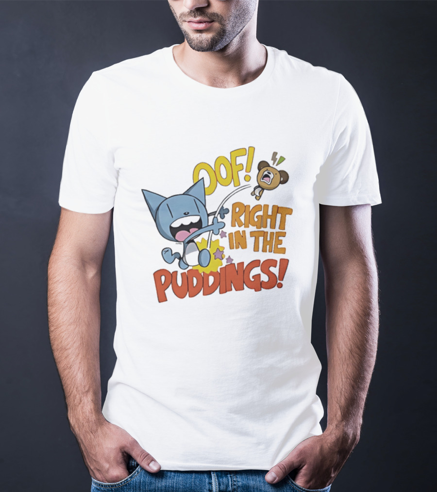 Looshkin Oof Right In The Puddings Funny Cat And Bear Cartoon Humor T-Shirt