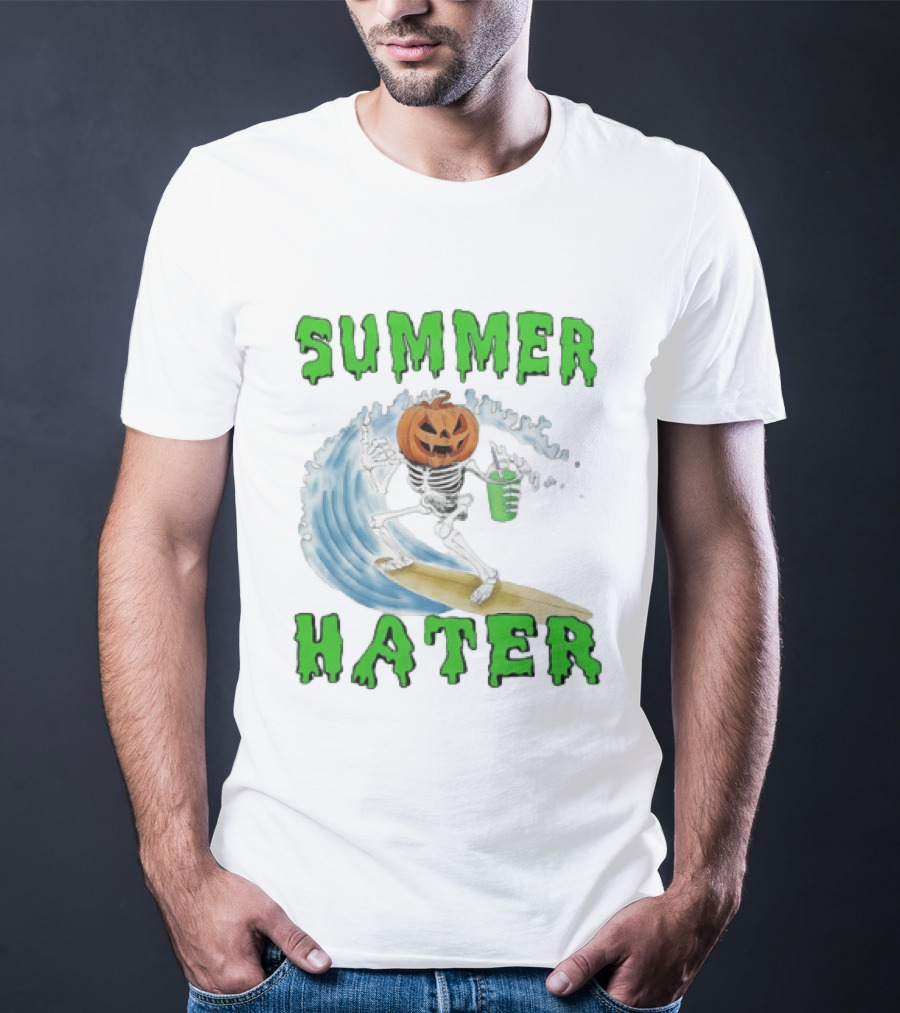 Skeleton With Pumpkin Head Surfing Wave Summer Hater T-Shirt