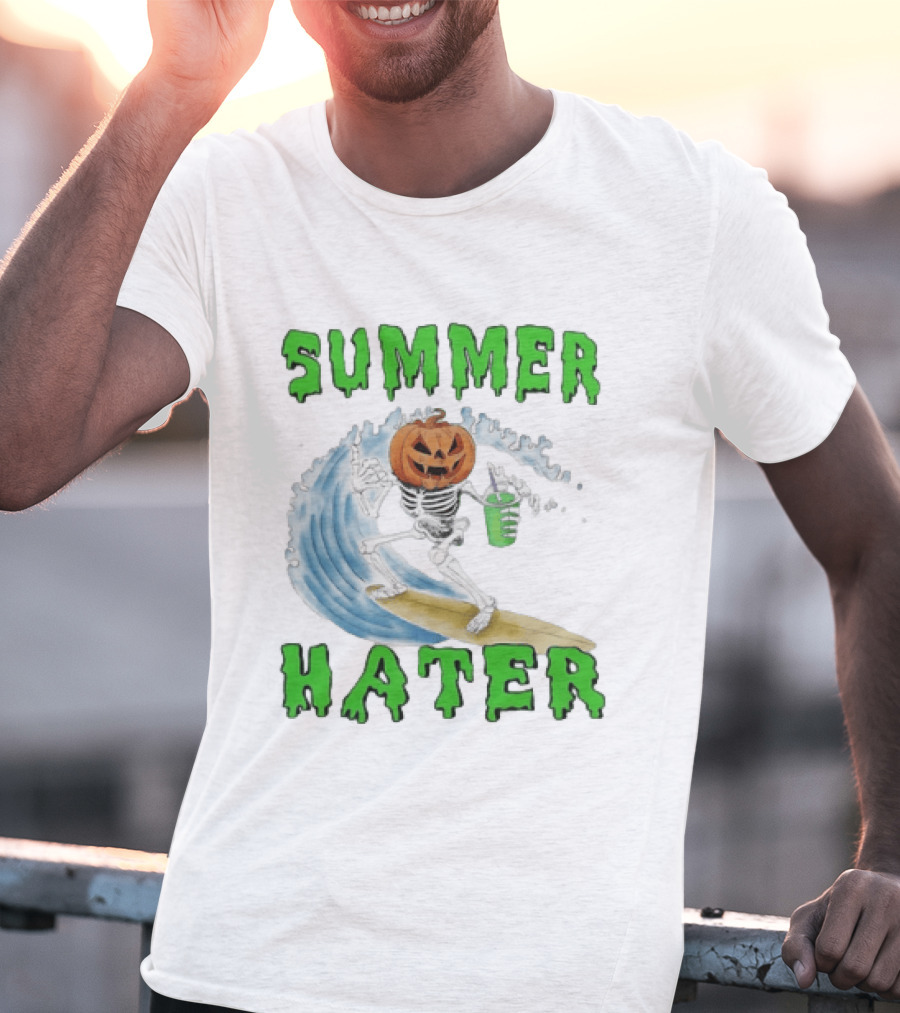 Skeleton With Pumpkin Head Surfing Wave Summer Hater T-Shirt