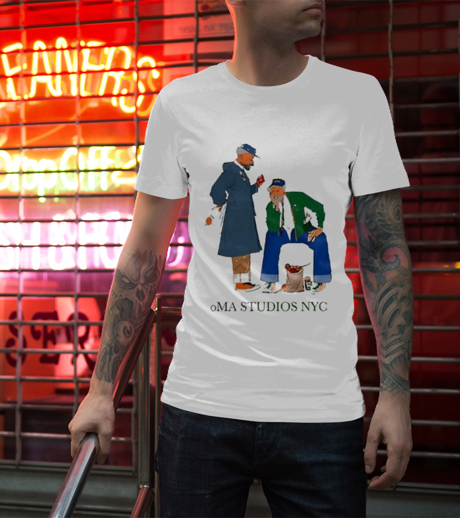 OMA Studios NYC Old Men Friends Talking Together In The Street Casual Street Scene T-Shirt