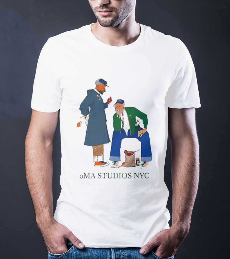 OMA Studios NYC Old Men Friends Talking Together In The Street Casual Street Scene T-Shirt