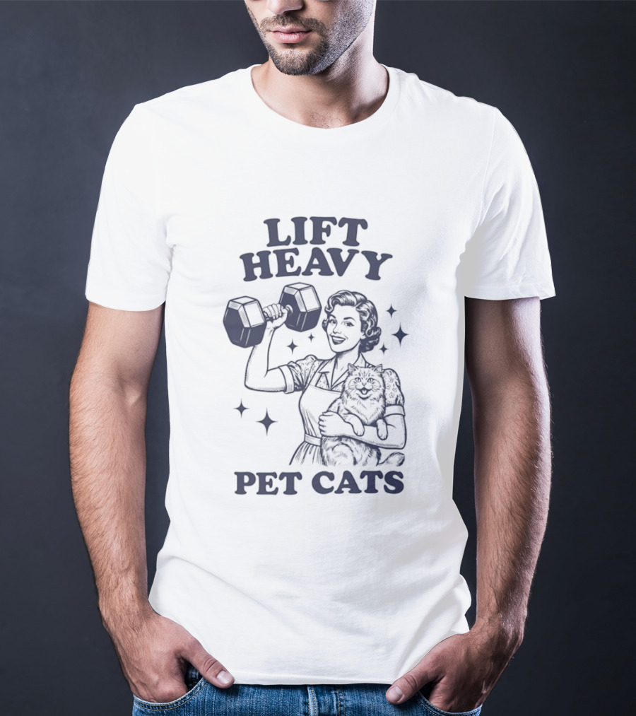 Lift Heavy Pet Cats Strong Woman Fitness Workout Retro Dumbbell T-Shirt