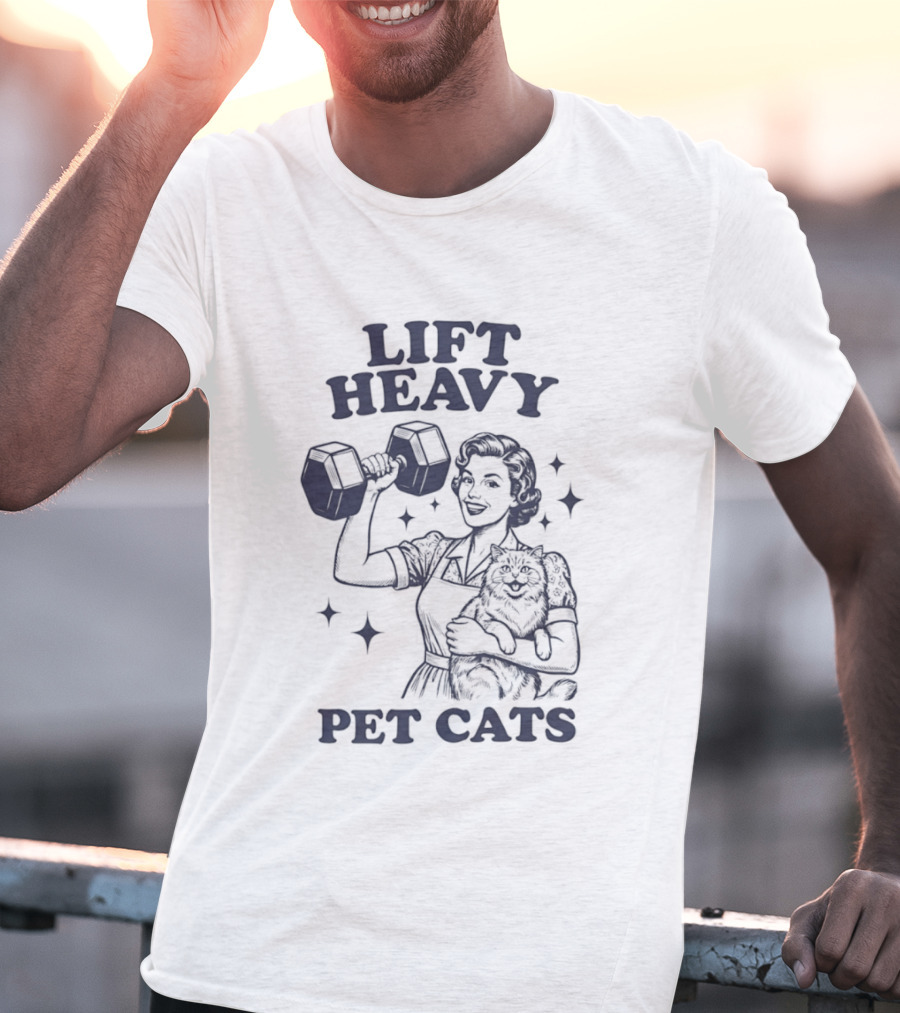 Lift Heavy Pet Cats Strong Woman Fitness Workout Retro Dumbbell T-Shirt