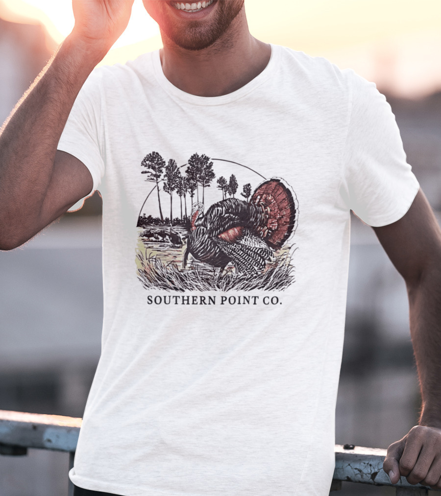 Southern Point Co. Turkey Strutting In The Field With Pine Trees And Horizon Scene T-Shirt