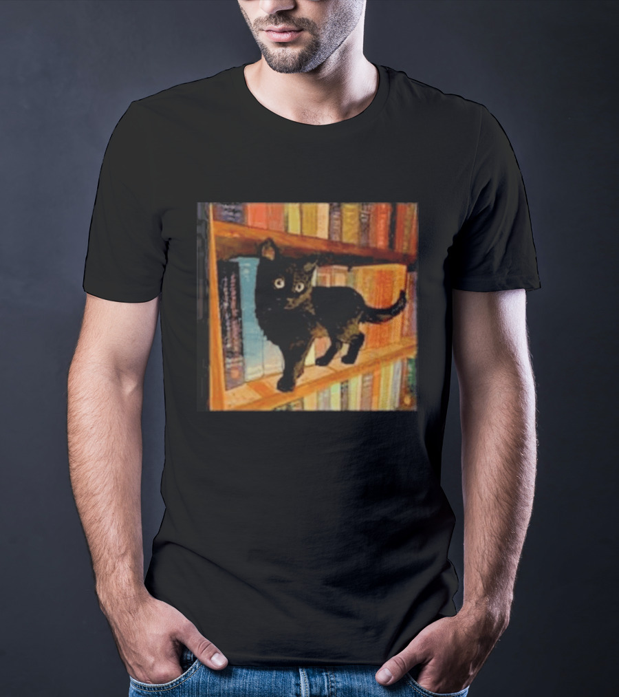 Black Cat On Bookshelf With Colorful Books T-Shirt