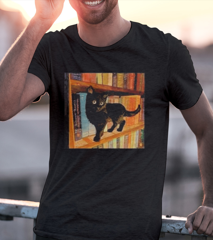 Black Cat On Bookshelf With Colorful Books T-Shirt