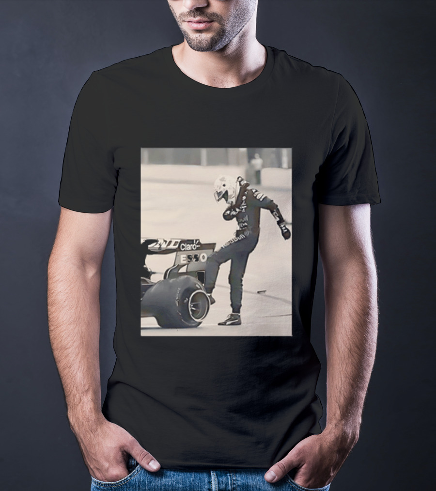 Max Verstappen Kicks Racing Tire Trackside In Racing Suit T-Shirt