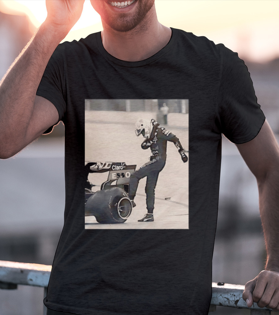 Max Verstappen Kicks Racing Tire Trackside In Racing Suit T-Shirt