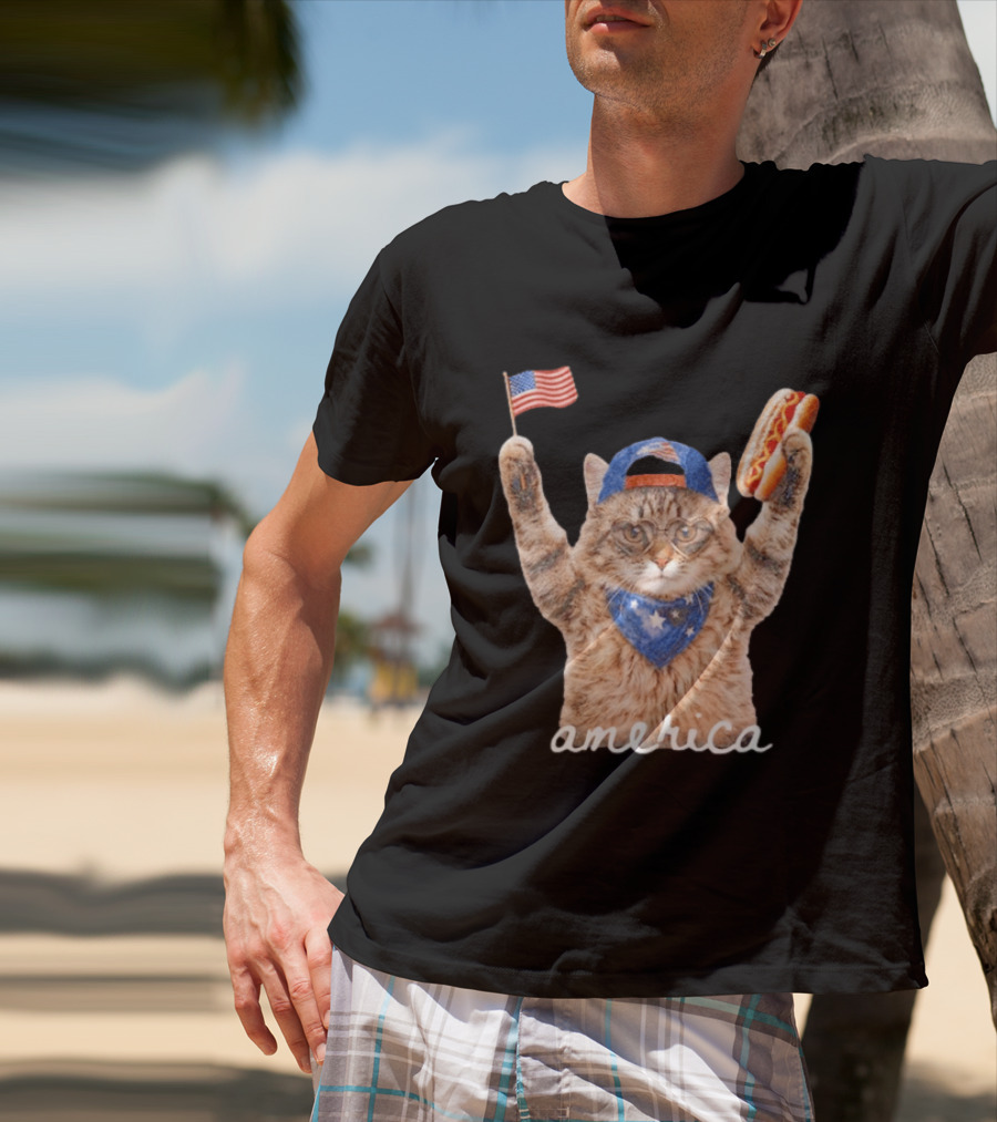 Patriotic Cat American Flag Hot Dog America Fourth Of July Celebration T-Shirt