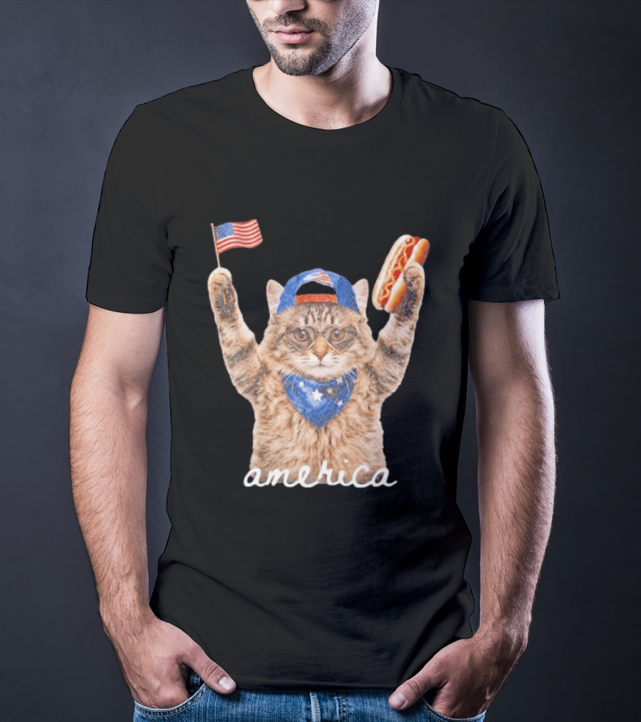 Patriotic Cat American Flag Hot Dog America Fourth Of July Celebration T-Shirt