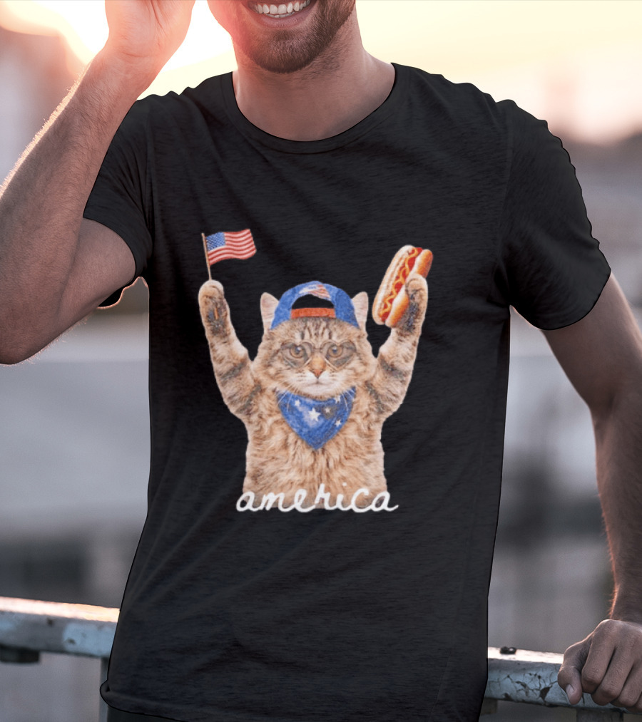 Patriotic Cat American Flag Hot Dog America Fourth Of July Celebration T-Shirt