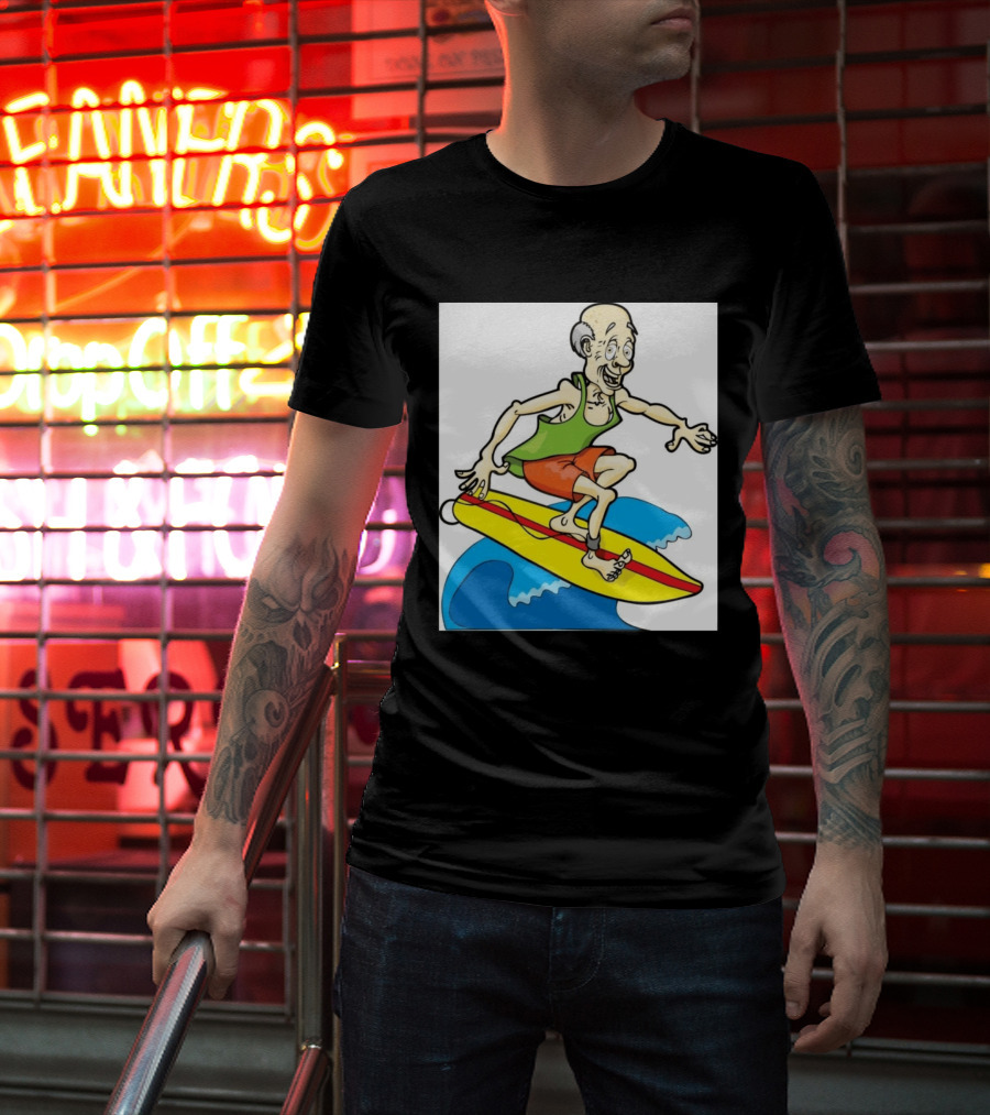 Retired Man Surfing Funny Cartoon Boomer On Yellow Board With Blue Waves T-Shirt