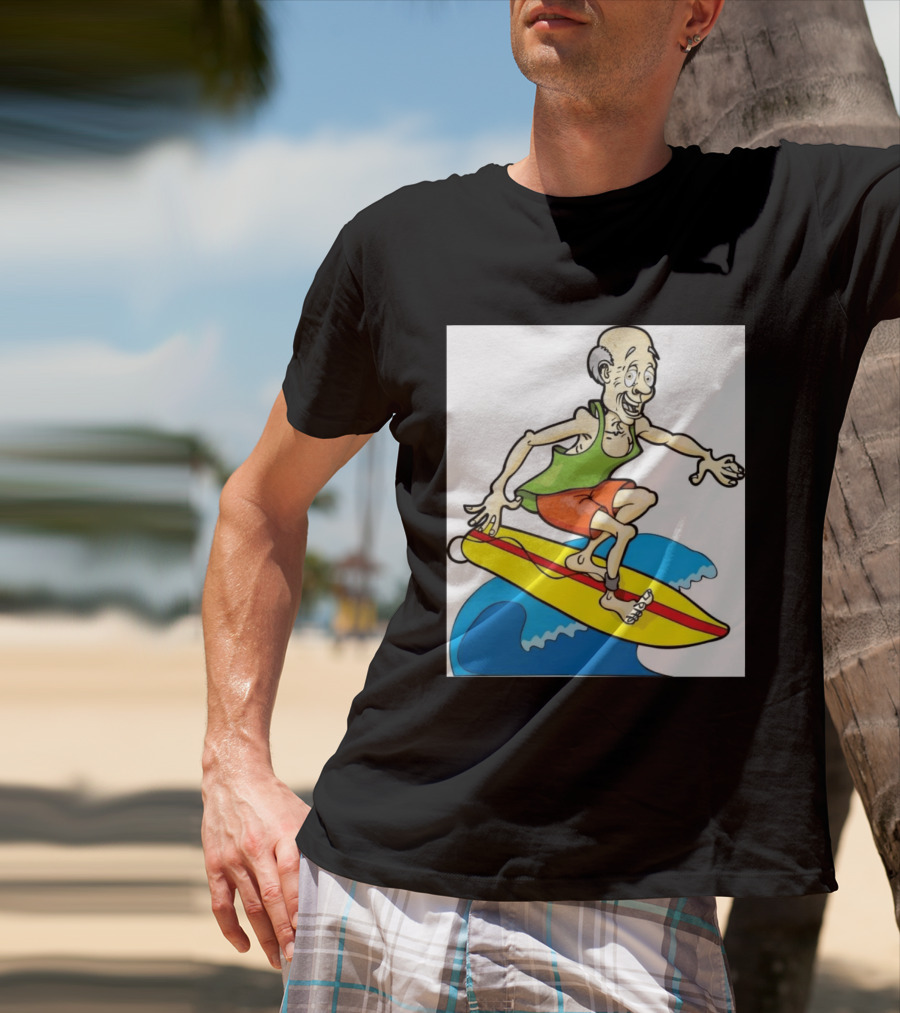 Retired Man Surfing Funny Cartoon Boomer On Yellow Board With Blue Waves T-Shirt