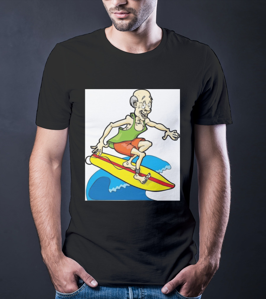 Retired Man Surfing Funny Cartoon Boomer On Yellow Board With Blue Waves T-Shirt