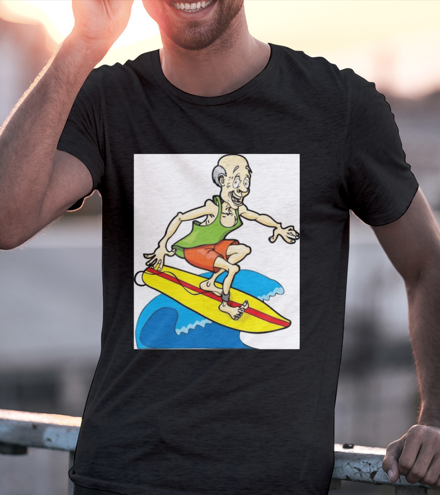 Retired Man Surfing Funny Cartoon Boomer On Yellow Board With Blue Waves T-Shirt