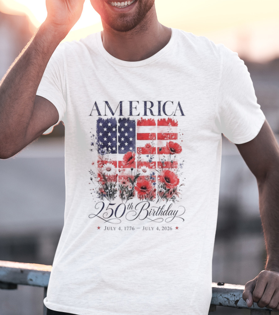 America 250th Birthday July 4 1776 2026 Floral Flag T-Shirt