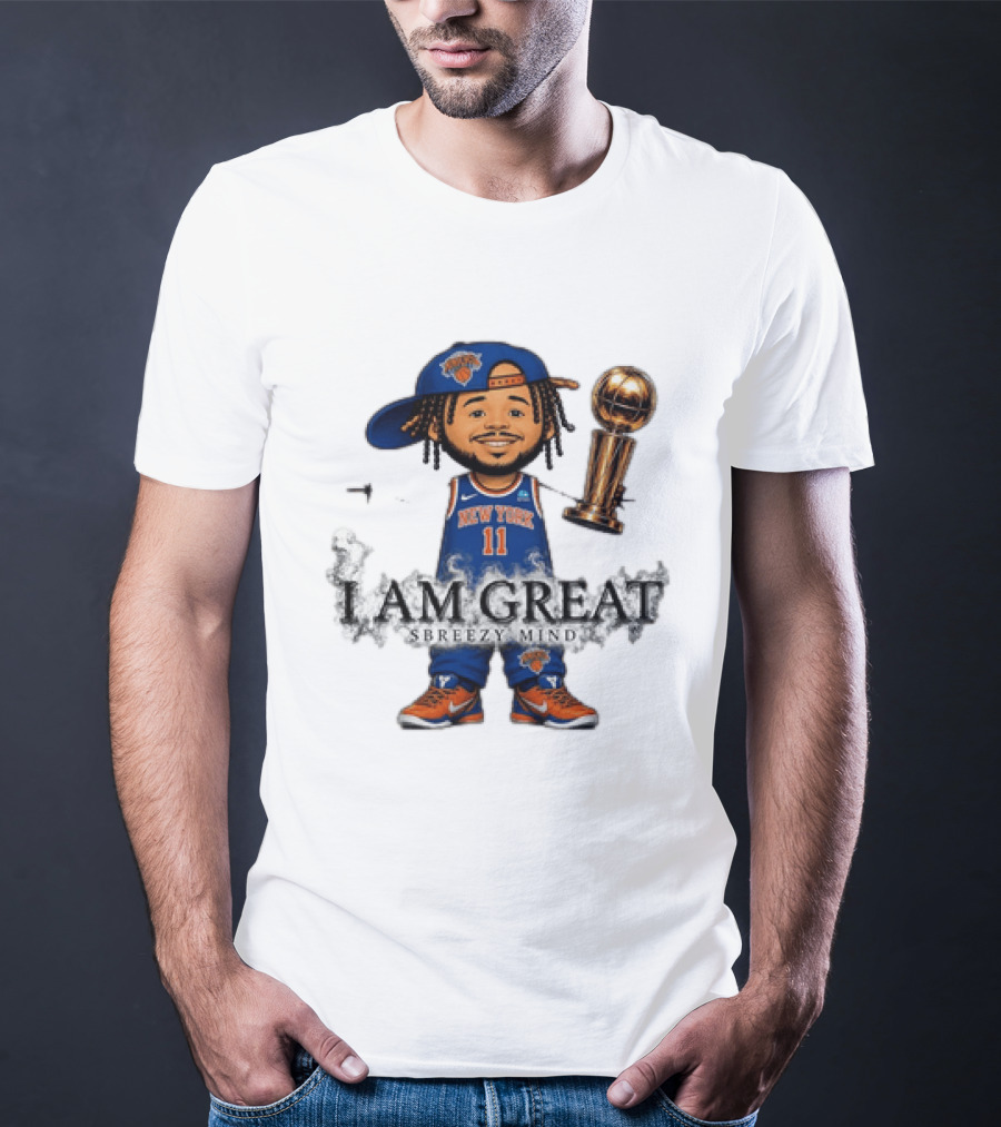 New York Knicks Jalen Brunson I Am Great Big Head Stick Hand Trophy T-Shirt