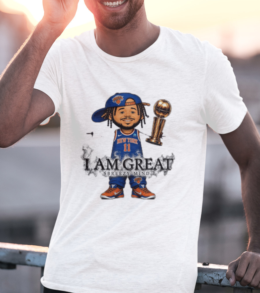 New York Knicks Jalen Brunson I Am Great Big Head Stick Hand Trophy T-Shirt